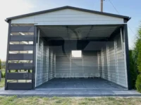 Domek ogrodowy 3 x 4 Premium plus wiata 0.8 x 4 z przodu na wprost brama podniesiona