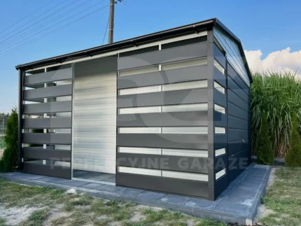 Garaże blaszane świętokrzyskie Domek ogrodowy 3 x 4 Premium plus wiata 0.8 x 4 widok z przodu boczny