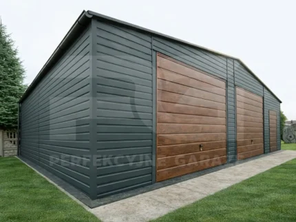 Garaż blaszany 10 x 6 Premium orzech, bramy i drzwi grafit