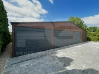 Garaż blaszany 10 x 6 Premium orzech, bramy i drzwi grafit widok od frontu