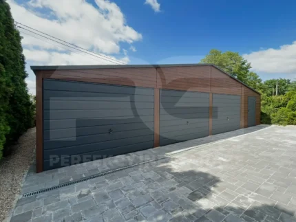 Garaż blaszany 10 x 6 Premium orzech, bramy i drzwi grafit widok od frontu