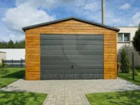 Blachy na bramy i drzwi – T17 Garaż blaszany 4×6 Premium z wiatą 1 x 4 widok z przodu na wprost