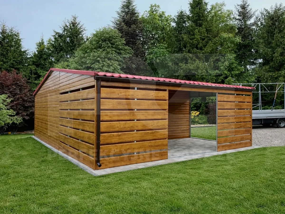 Realizacje garaży Premium drewnopodobnych Garaż blaszany 5 x 6 Premium z wiata ażurową 3 x 6 multigloss widok z tyłu