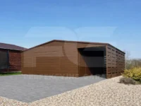 Garaże blaszane lubuskie Garaż blaszany 6 x 6 Premium z wiata ażurową 2 x 6 orzech