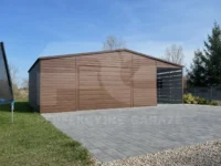 Garaże blaszane na wymiar Garaż blaszany 6 x 6 Premium z wiata ażurową 2 x 6 orzech widok od frontu