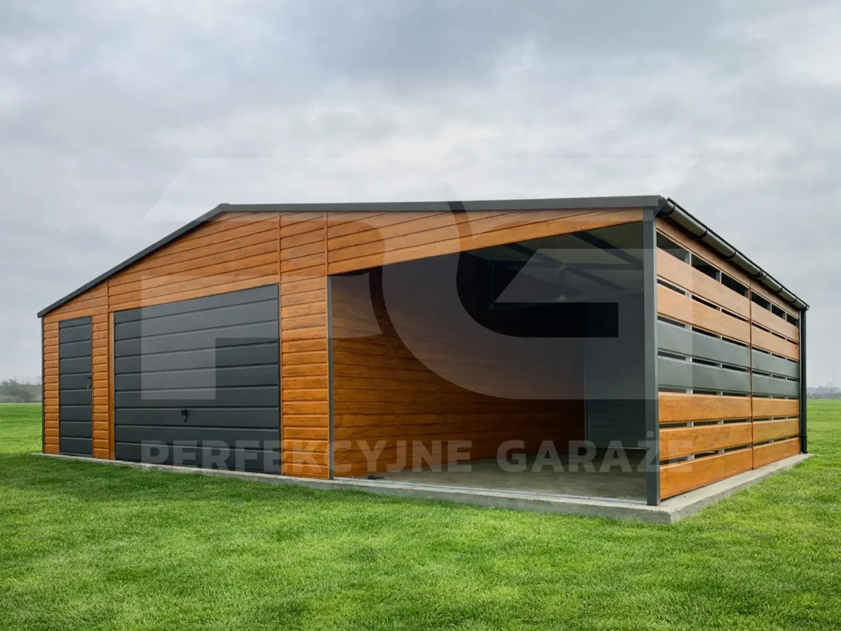 Garaże blaszane Premium drewnopodobne Garaż blaszany 6 x 6 Premium z wiata ażurową 3 x 6