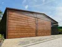 Garaż blaszany 6 x 6 Premium z wiata ażurową 3 x 6 orzech od frontu
