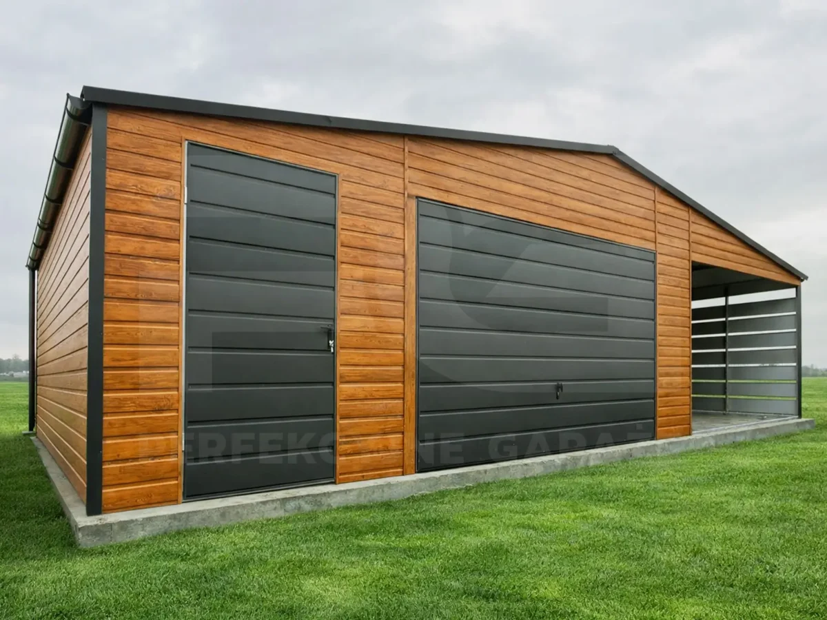 Garaże blaszane wielkopolskie Garaż blaszany 6 x 6 Premium z wiata ażurową 3 x 6 widok z przodu