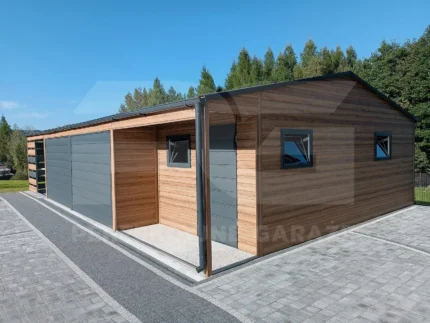 Garaż blaszany 9 x 6 Premium z wiata ażurową 3 x 6 widok od frontu