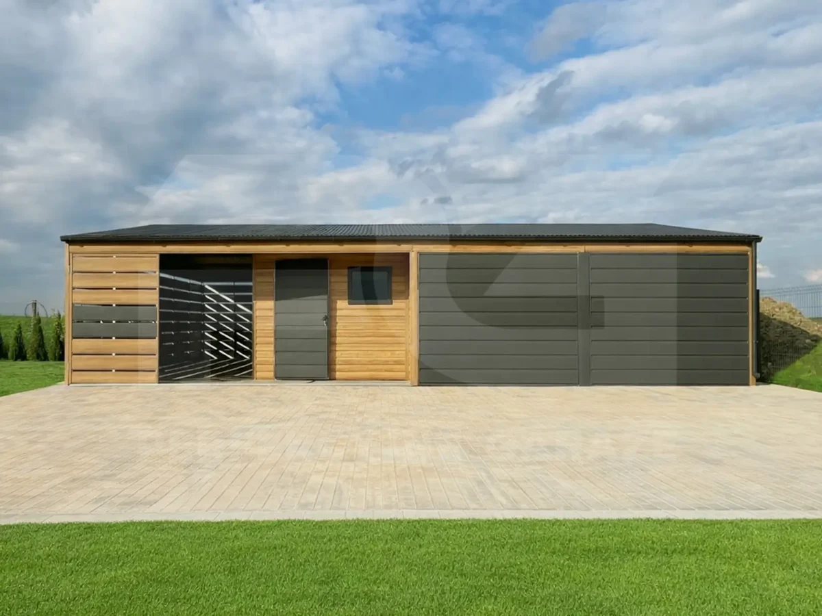 Garaż blaszany 9 x 6 Premium z wiata ażurową widok boczny