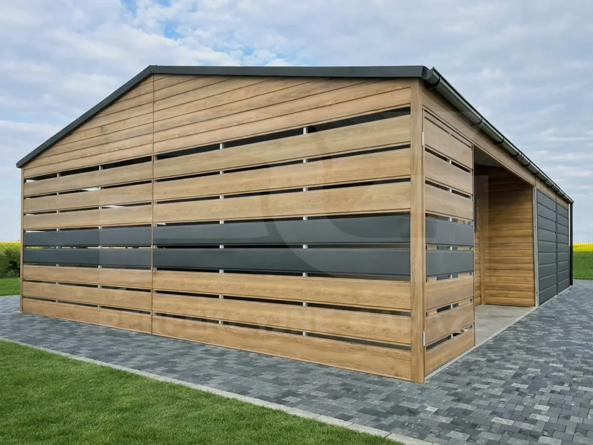 Garaże blaszane dwustanowiskowe Garaż blaszany 9 x 6 Premium z wiata ażurową zbliżenie