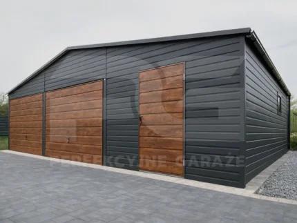 Garaż blaszany dwustanowiskowy 9 x 6 Premium grafit bramy i drzwi orzech