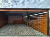 Garaż blaszany dwustanowiskowy 14 x 6 Premium, wiata ażurowa