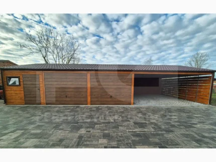 Garaż blaszany dwustanowiskowy 14 x 6 Premium, wiata ażurowa